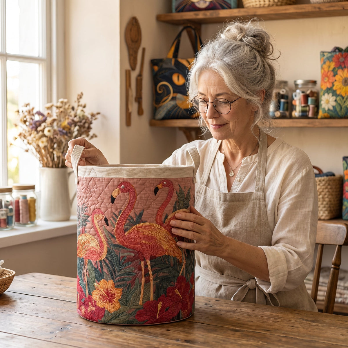 Quilted Laundry Basket - Flamingos in the Sun — handcrafted