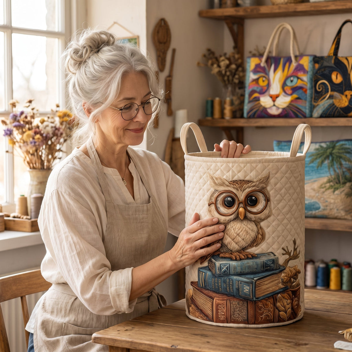 Quilted Laundry Basket - Owl — handcrafted