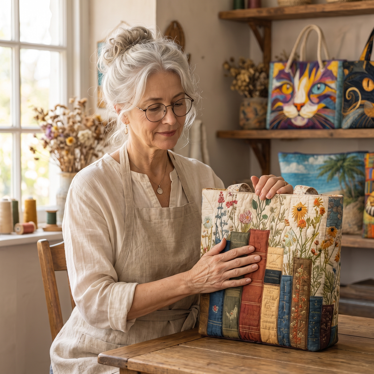 Artisan Quilted Bag - Books and Flowers — handcrafted