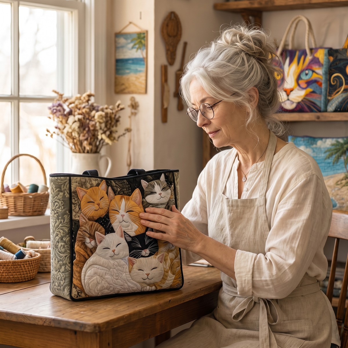 Artisanal Quilted Bag - Sleeping Kittens — handcrafted