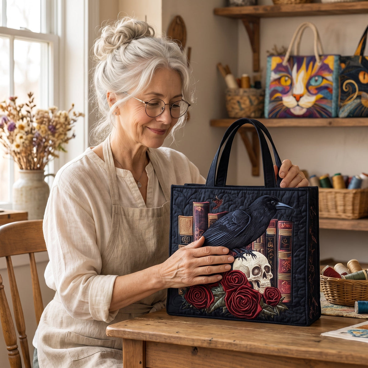 Mystic Raven Book Quilted Tote Bag — handcrafted