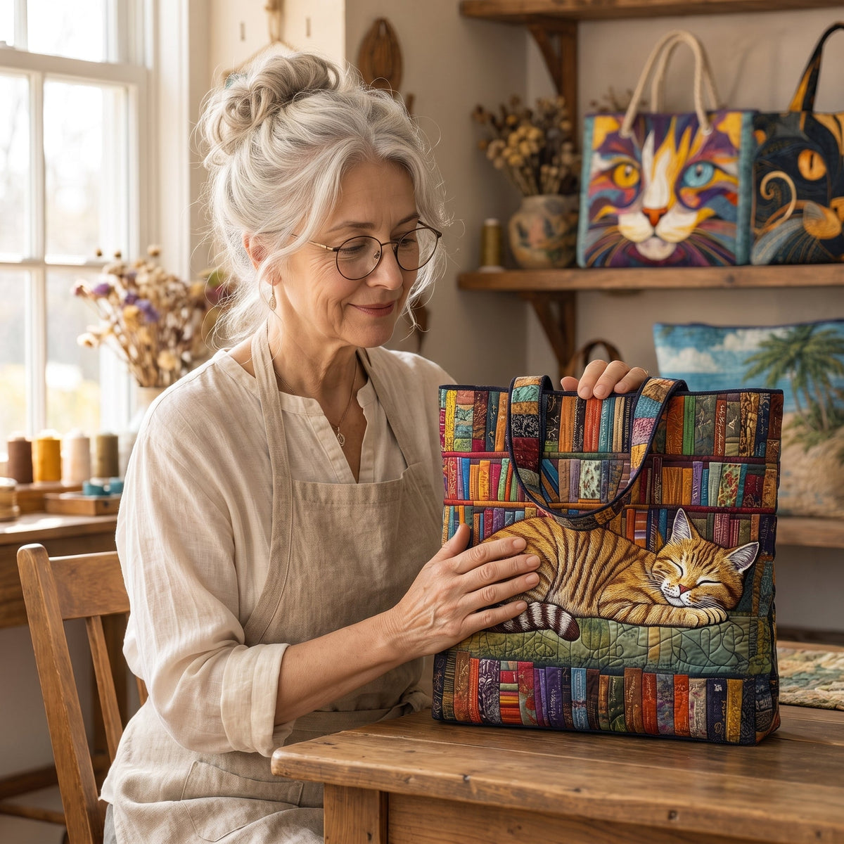 Bookish Cat Nap Quilted Tote Bag — handcrafted