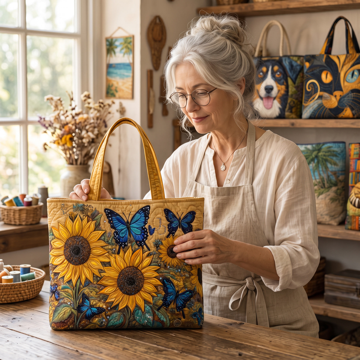 Artisan Bag - Sunflowers and Blue Butterflies — handcrafted