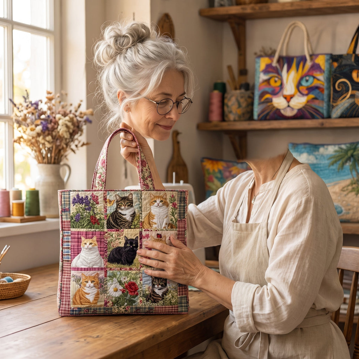 Sunflower Cat Quilted Tote Bag — handcrafted
