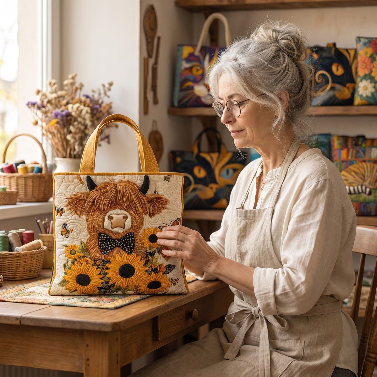 Quilted Bag - Highland Cow with Sunflowers — handcrafted