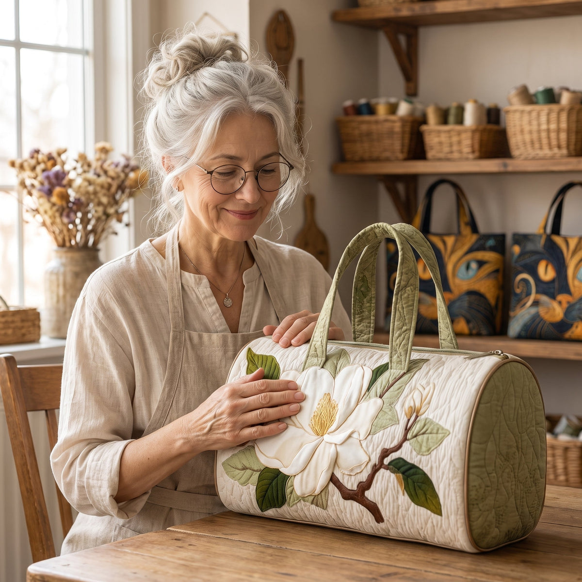 Blooming Grace Quilted Duffle Bag — handcrafted