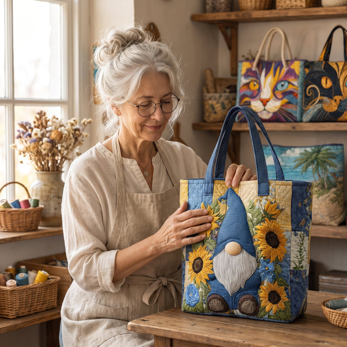 Sunflower Gnome Quilted Tote Bag — handcrafted
