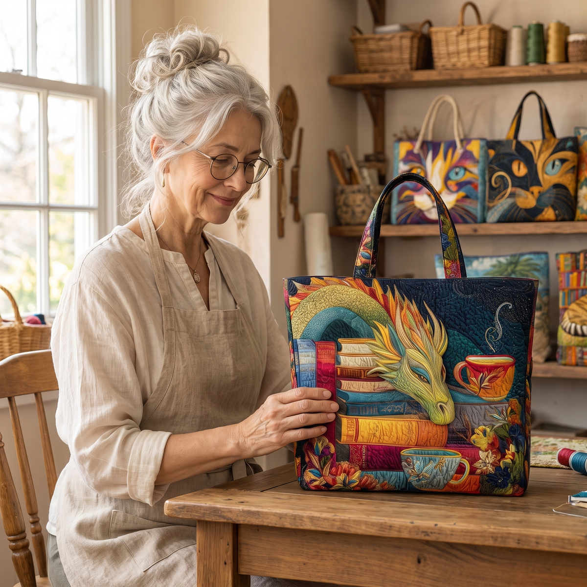 Artisan Bag - Dragon Reader with Books and Mugs — handcrafted