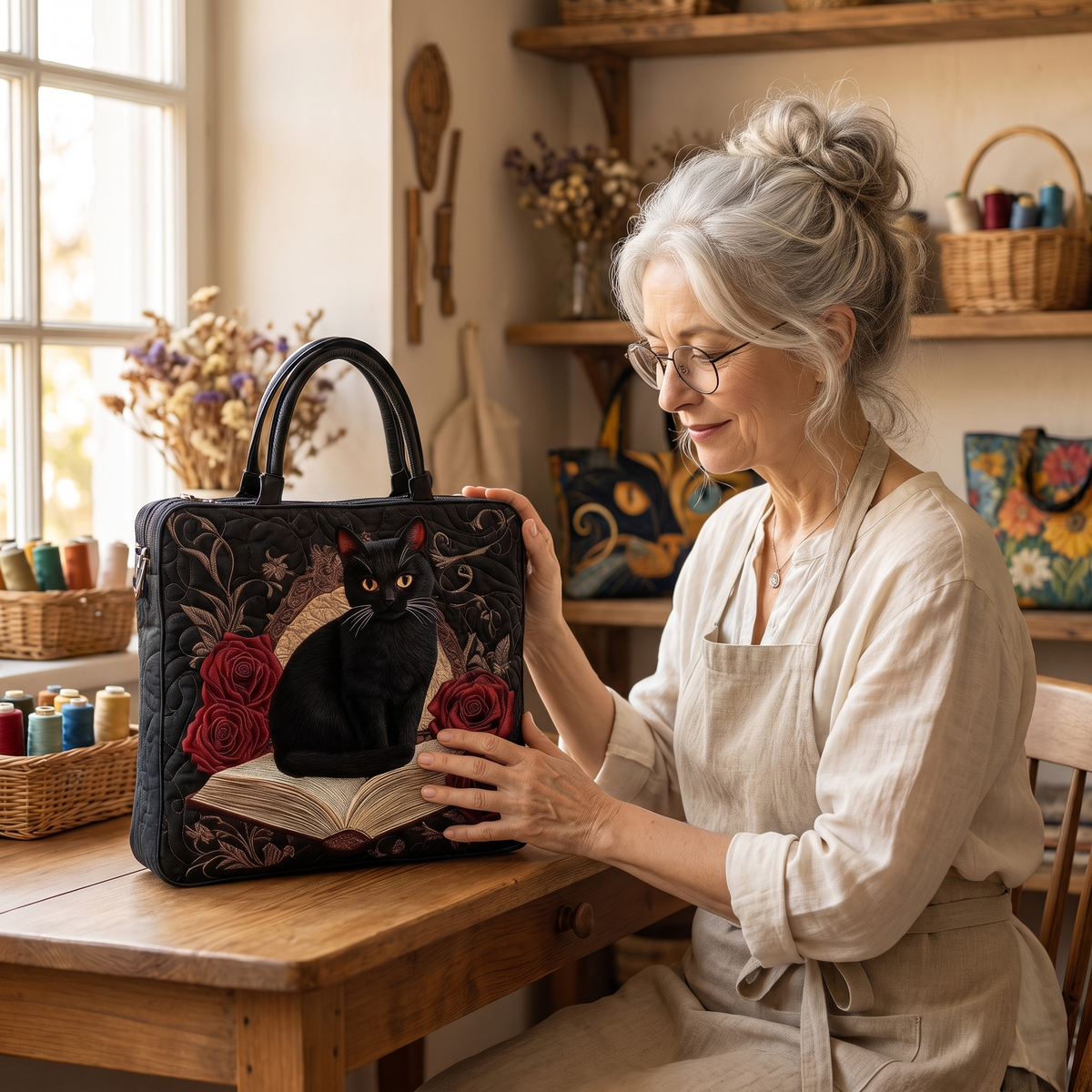Quilted Artisan Bag - Black Cat on Books — handcrafted