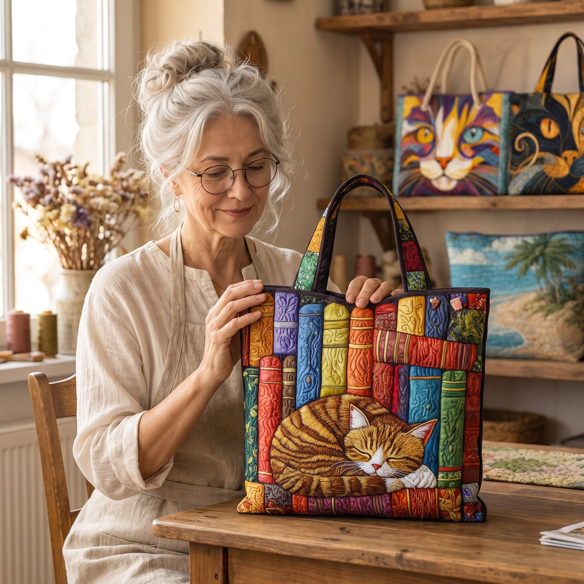 Vintage Library Cat Quilted Tote Bag — handcrafted