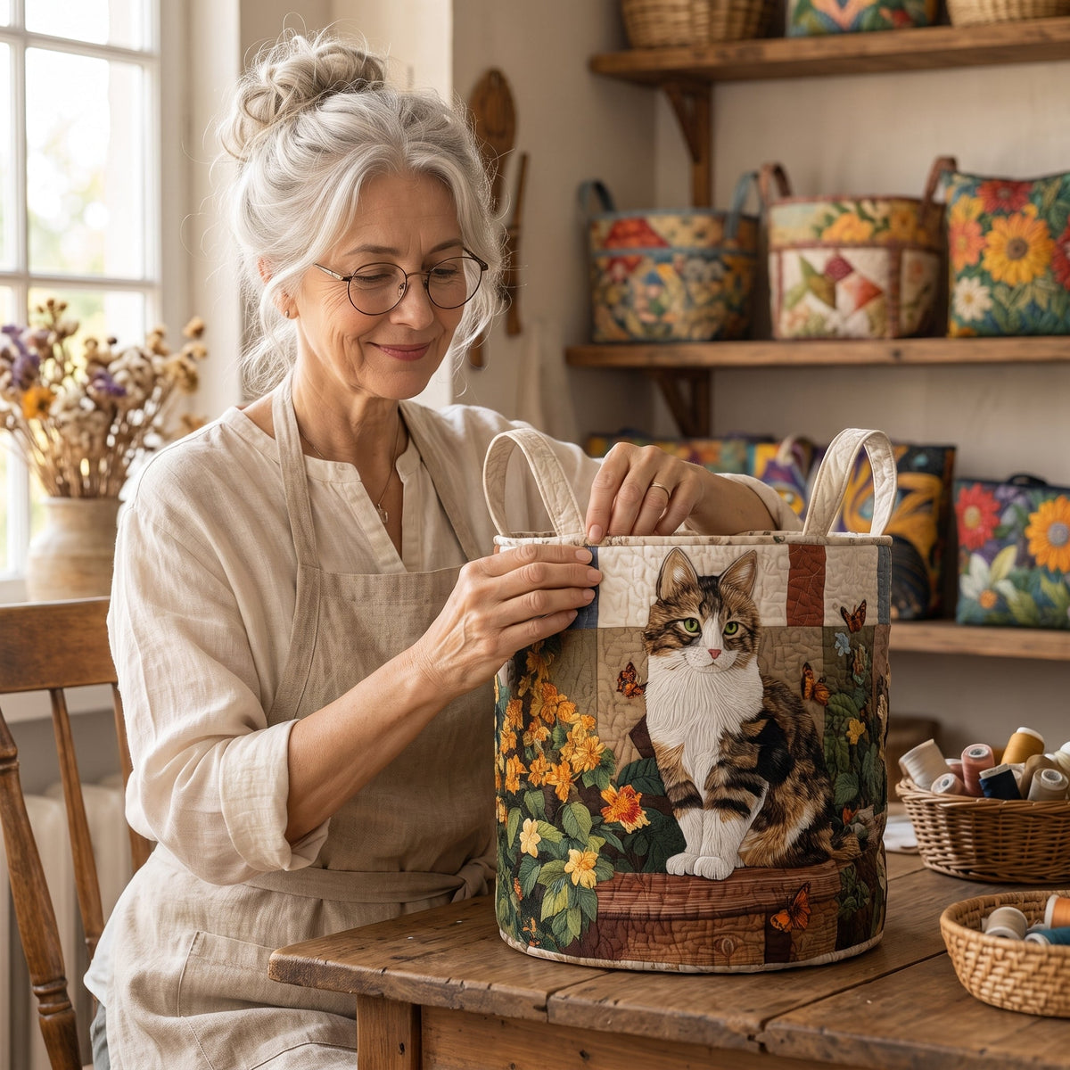 Quilted Laundry Basket - Cat Among the Petals — handcrafted
