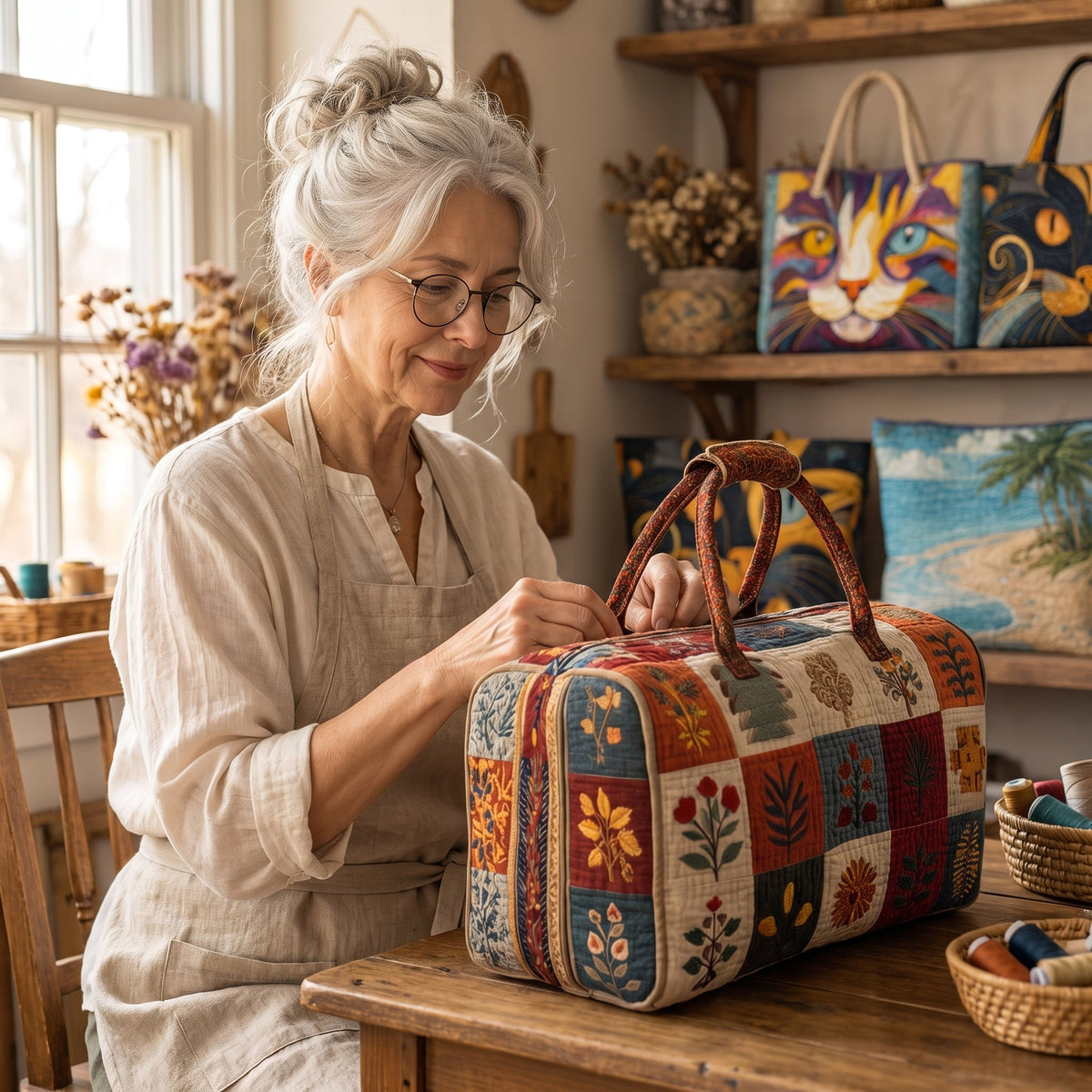 Petal Serenade Quilted Duffle Bag — handcrafted