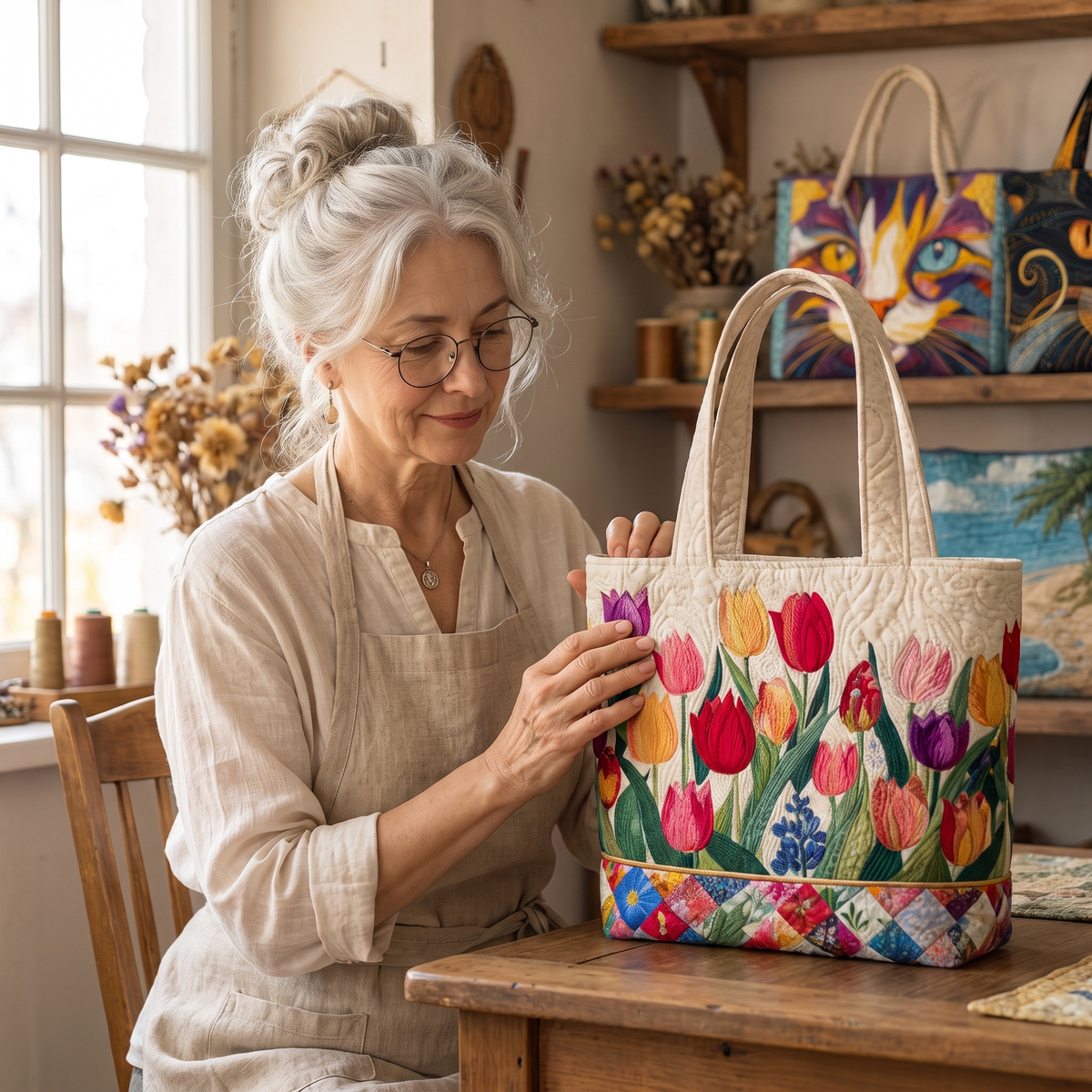 Quilted Tote Bag - Tulip Garden — handcrafted