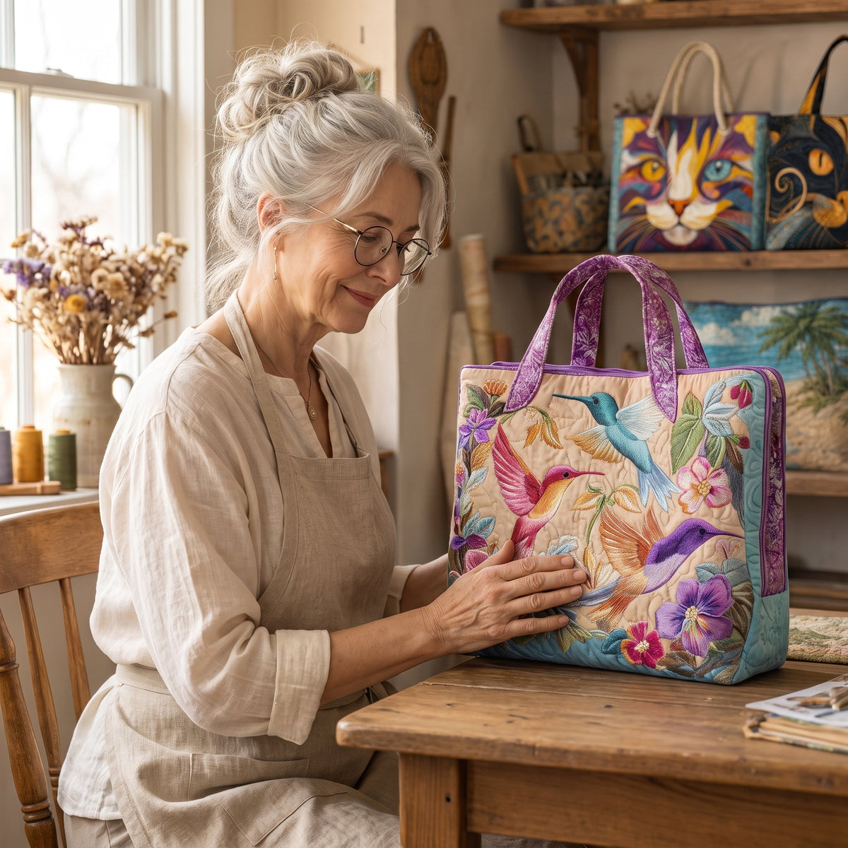 Hummingbird Flower Quilted Tote Bag — handcrafted