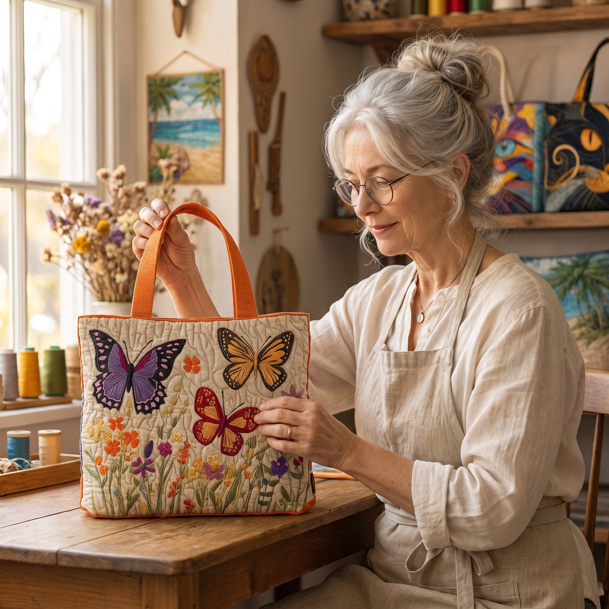 Butterfly Flower Garden Quilted Tote Bag — handcrafted