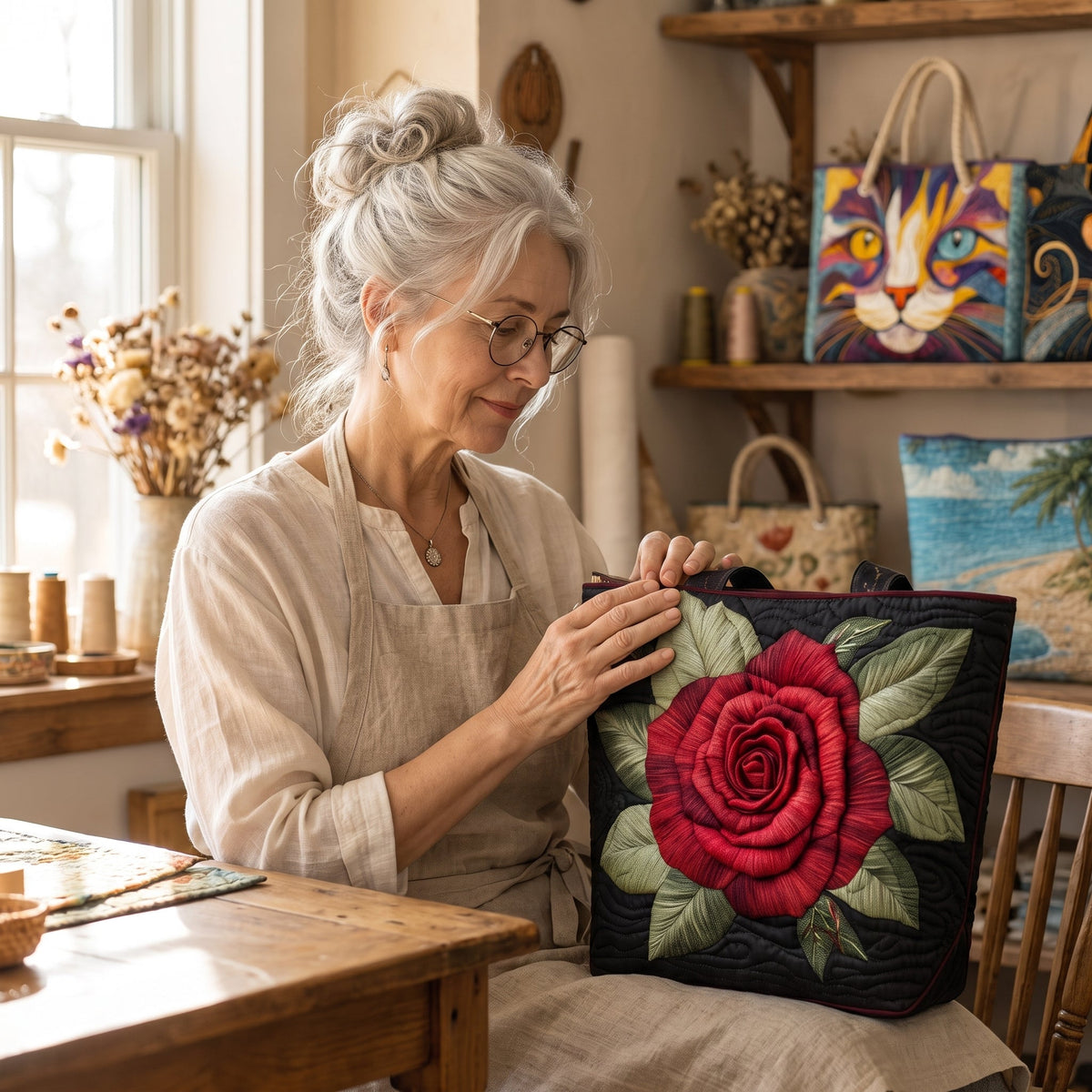 Elegant Rose Quilted Tote Bag — handcrafted