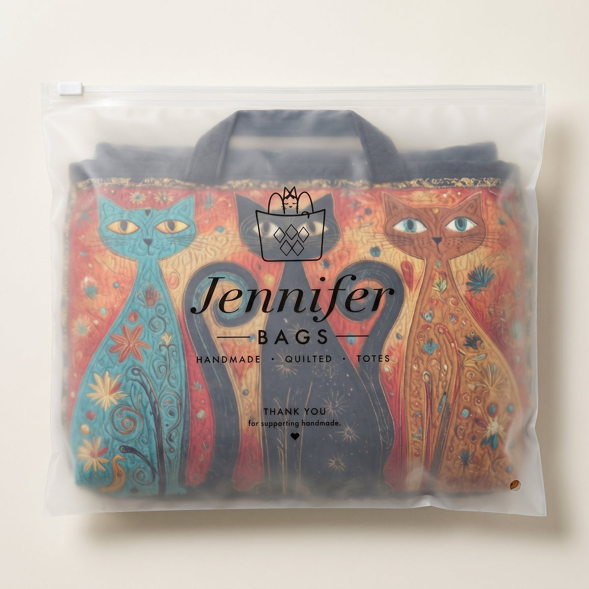 Enchanted Cats Trio Quilted Duffle Bag — packaged in its pouch