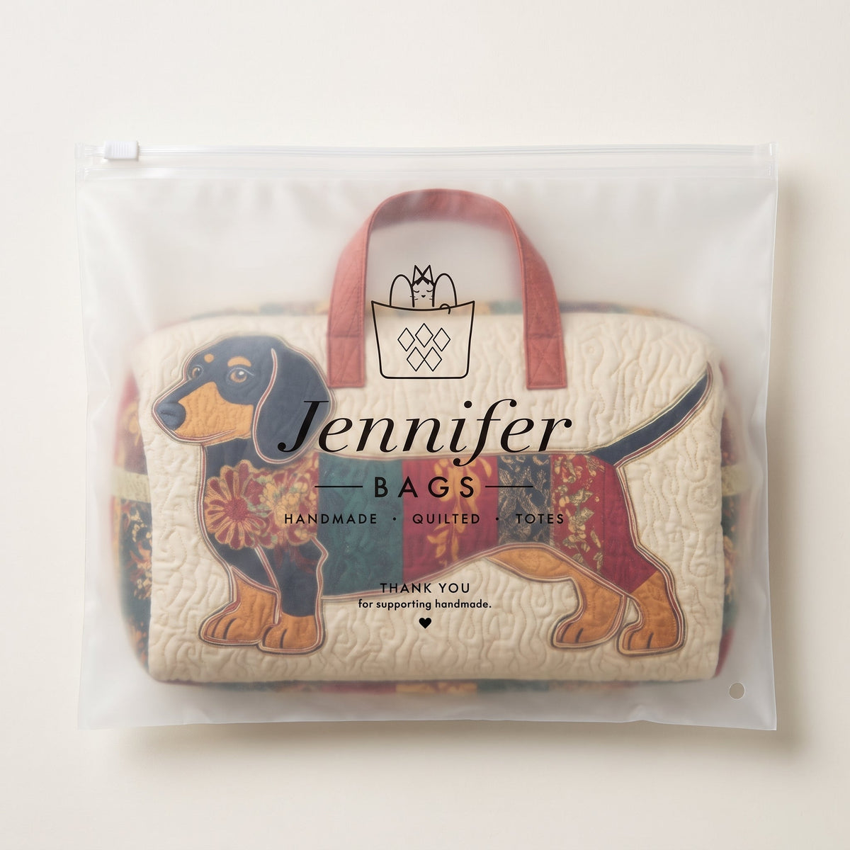 Patch Pup Quilted Duffle Bag — packaged in its pouch