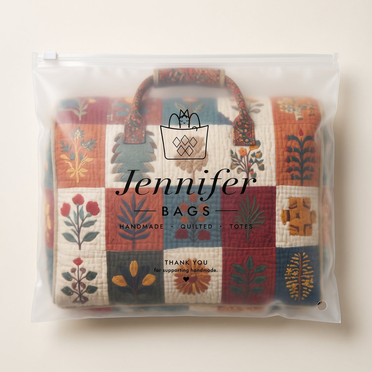 Petal Serenade Quilted Duffle Bag — packaged in its pouch