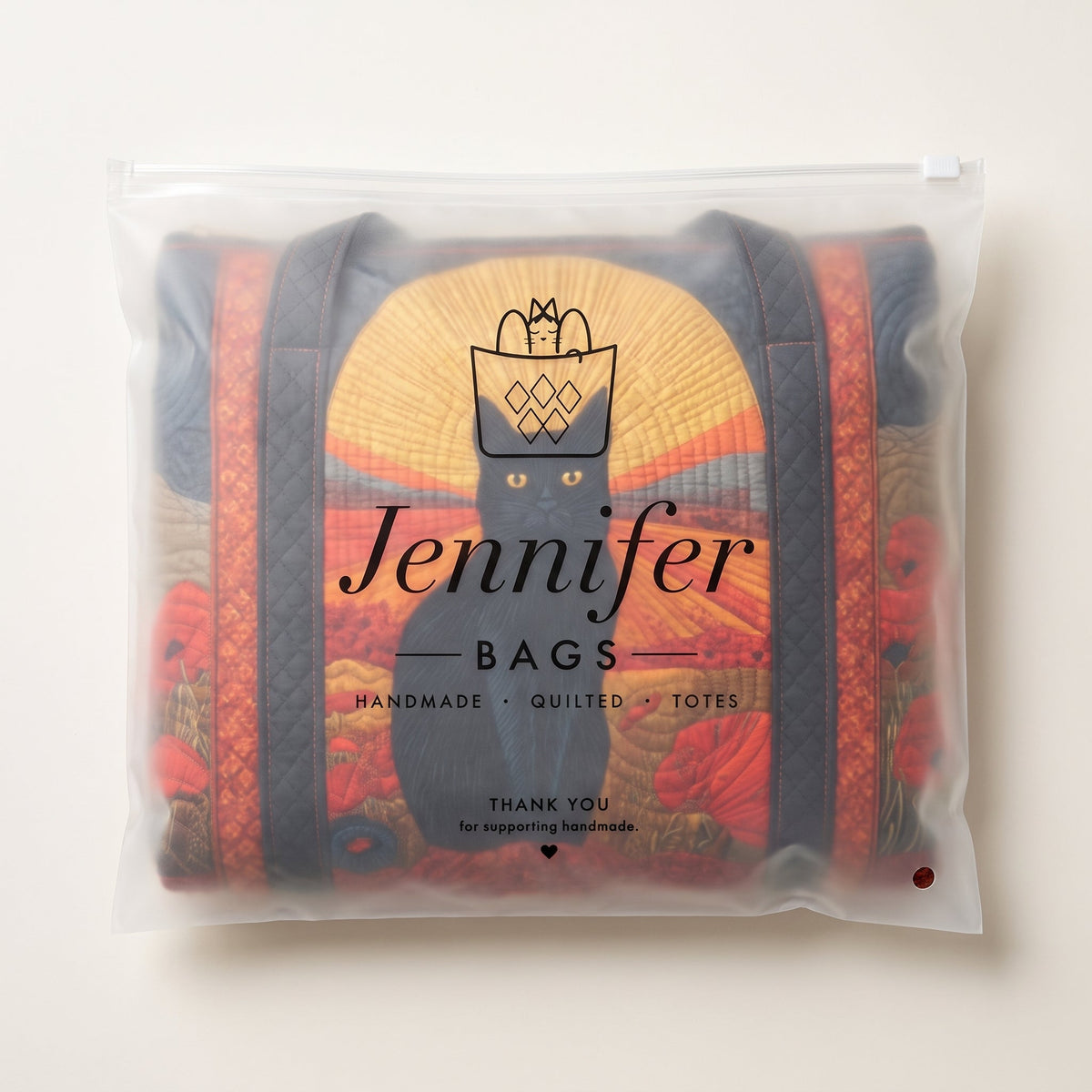 Sunset Cat Quilted Duffle Bag — packaged in its pouch