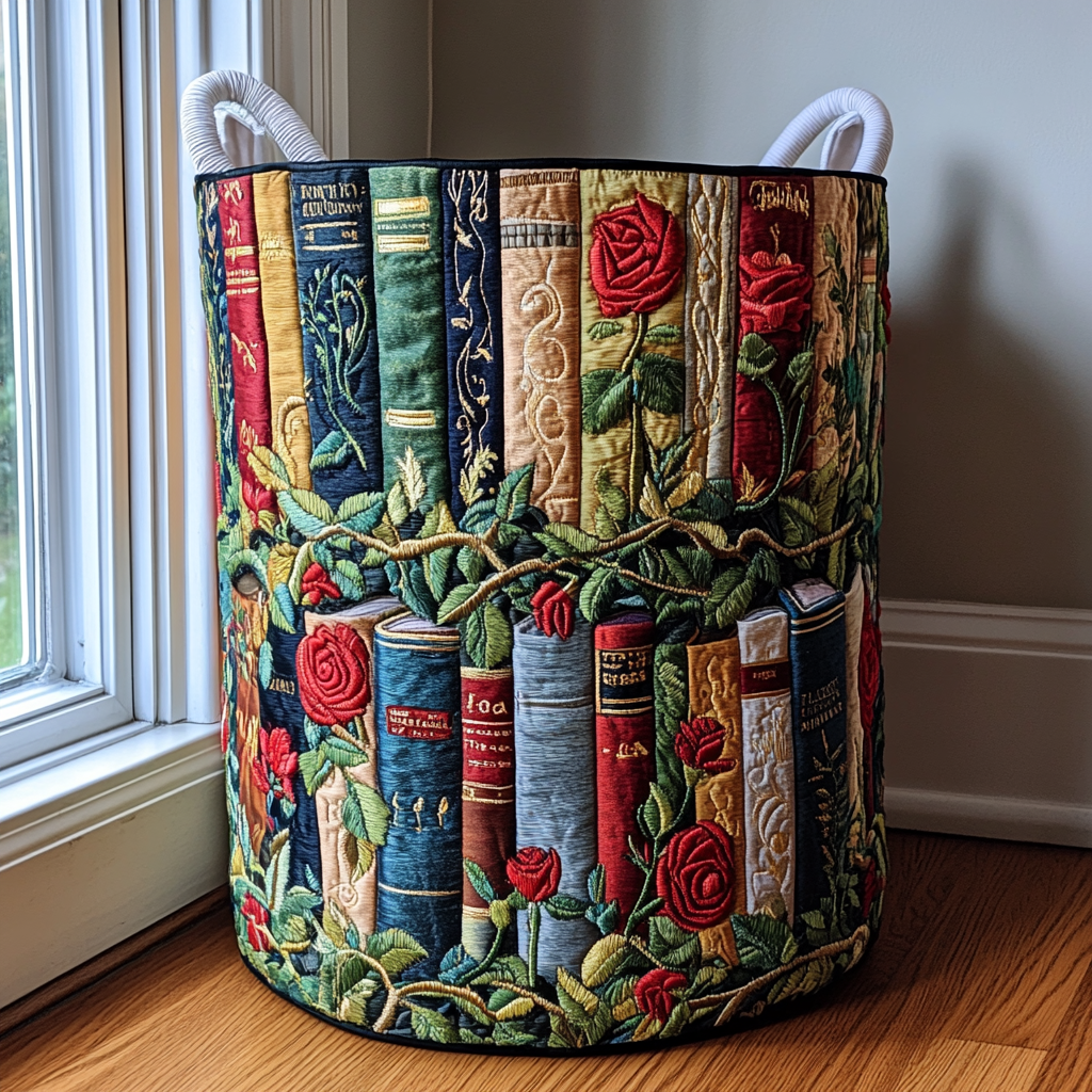 Books in the Woods quilted laundry basket