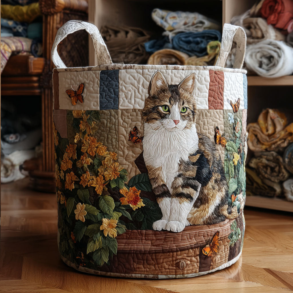 Cat Among the Petals quilted laundry basket