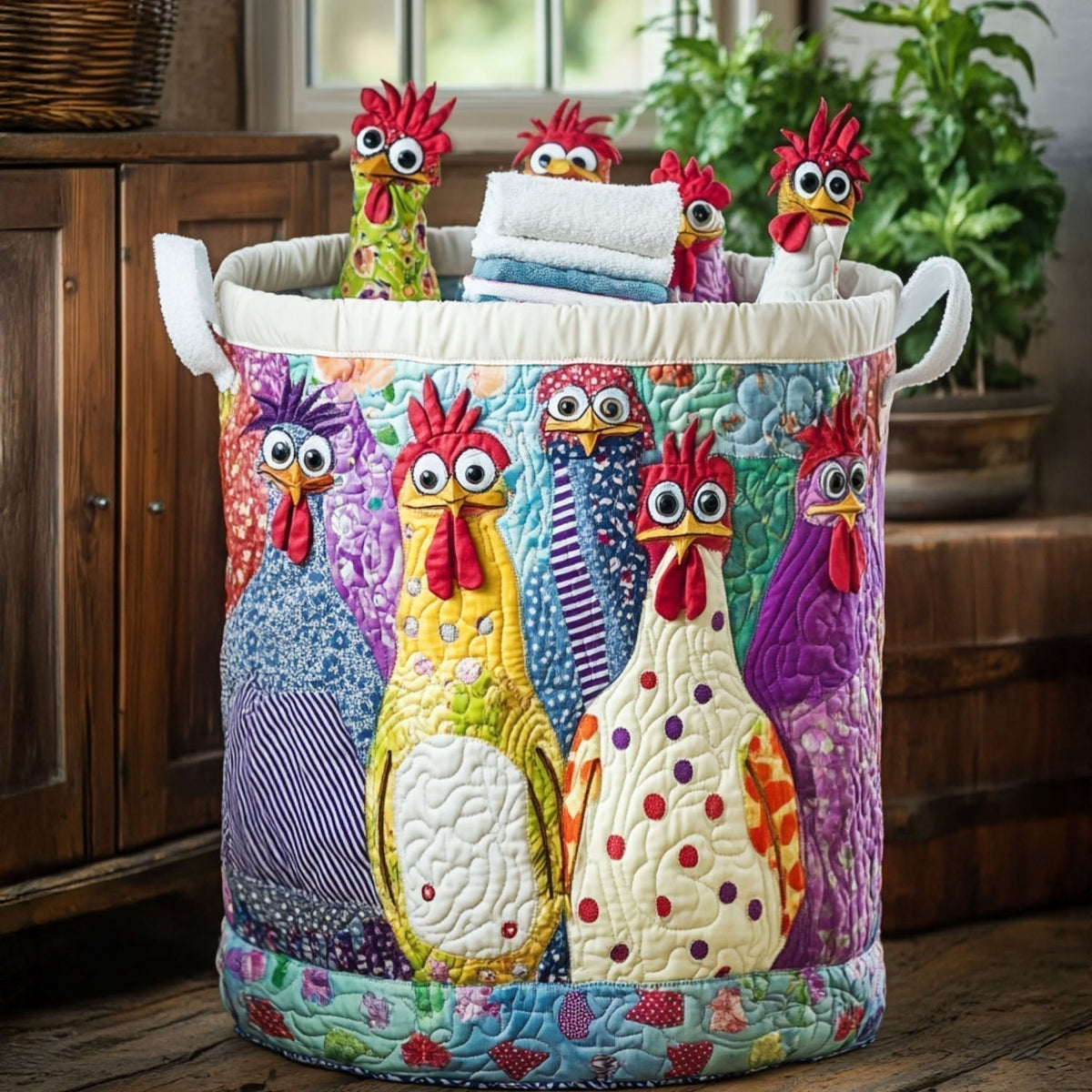 Fancy Hen quilted laundry basket