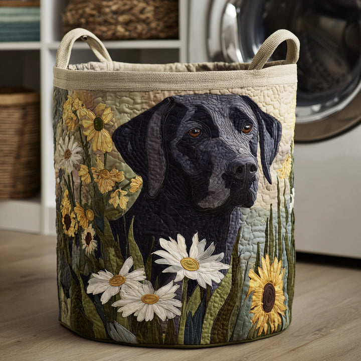 Floral Black Lab quilted laundry basket