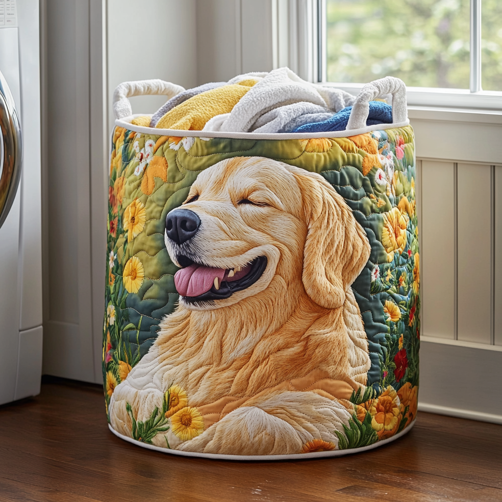 Floral Golden Retrievers quilted laundry basket