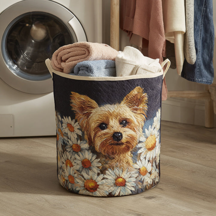 Floral Yorkie quilted laundry basket
