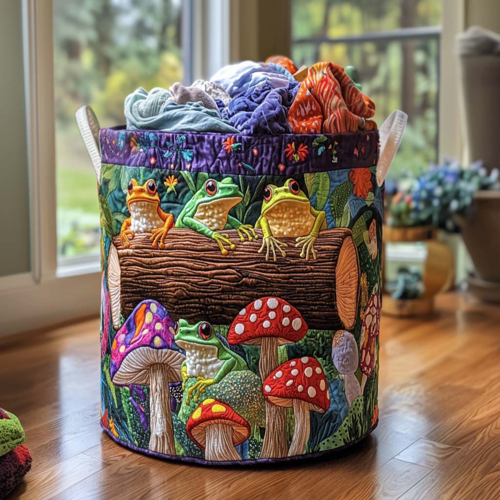 Frog Family quilted laundry basket