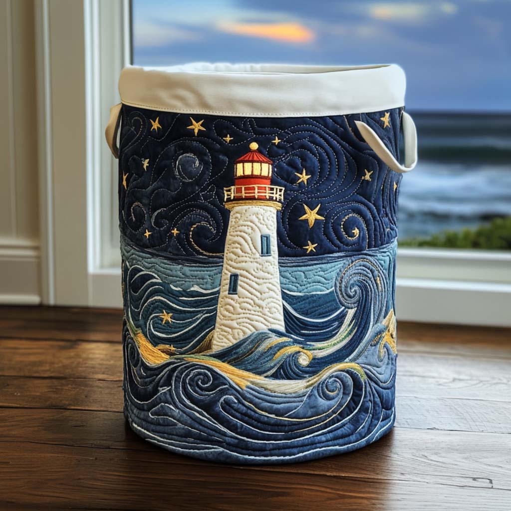 Lighthouse at Dusk quilted laundry basket