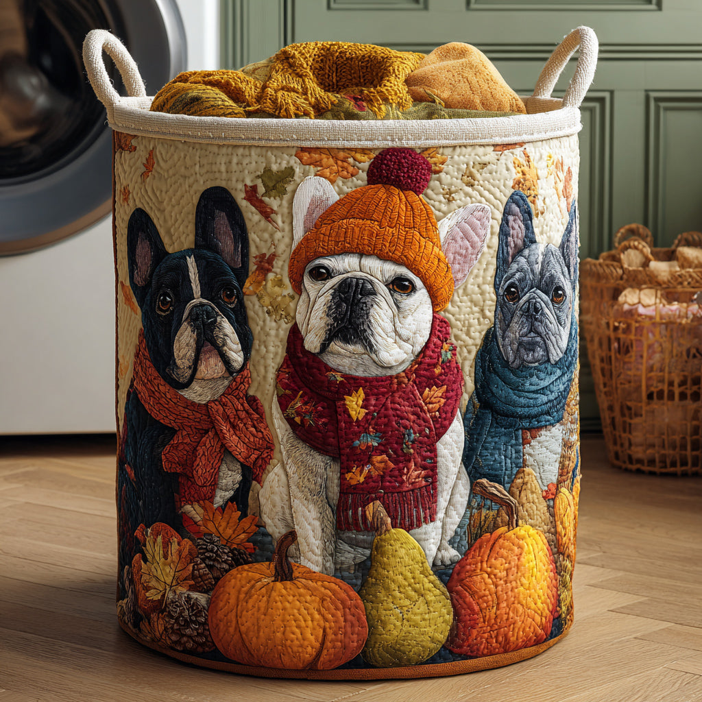Trio of Cuddly Bulldogs quilted laundry basket