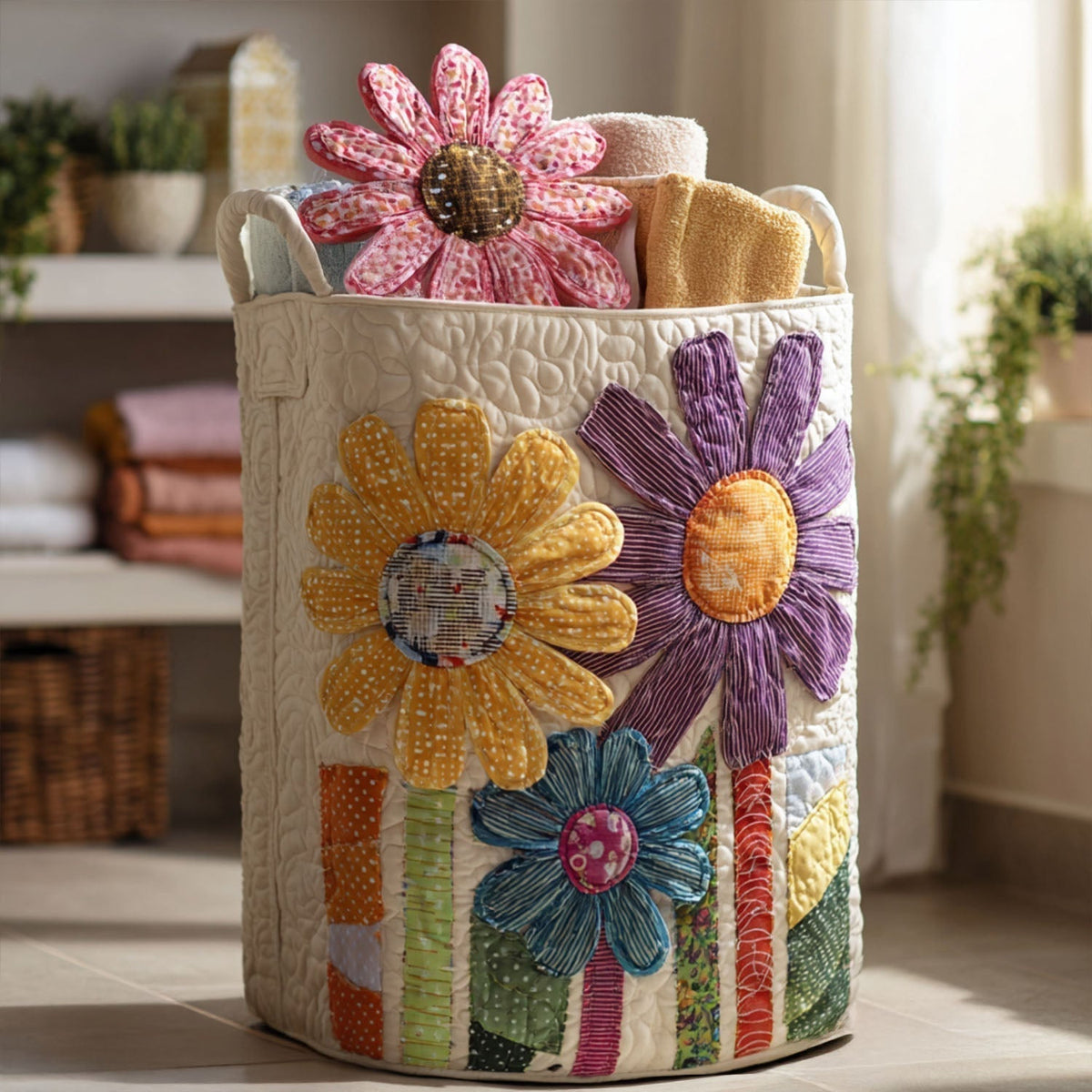 Vintage Flowers quilted laundry basket