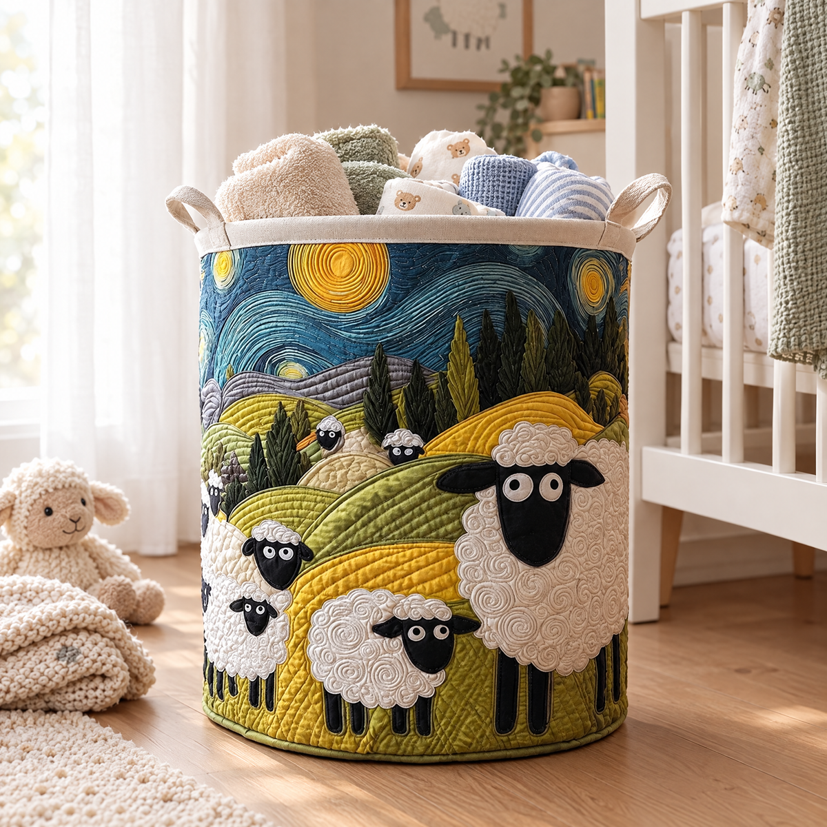 Lamb Meadow quilted laundry basket