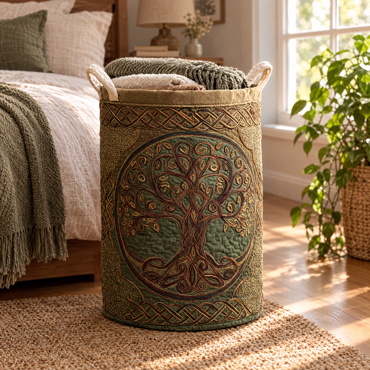 Golden Roots quilted laundry basket