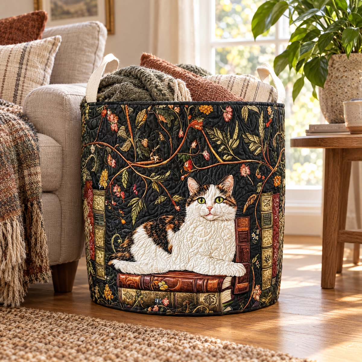 Mystical Cat quilted laundry basket