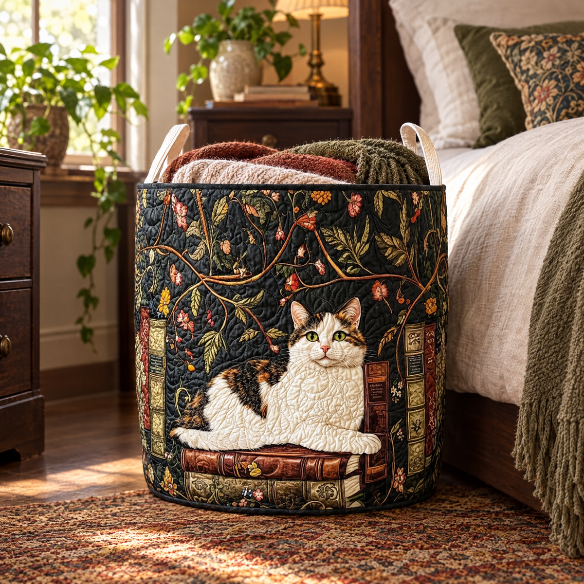 Mystical Cat quilted laundry basket