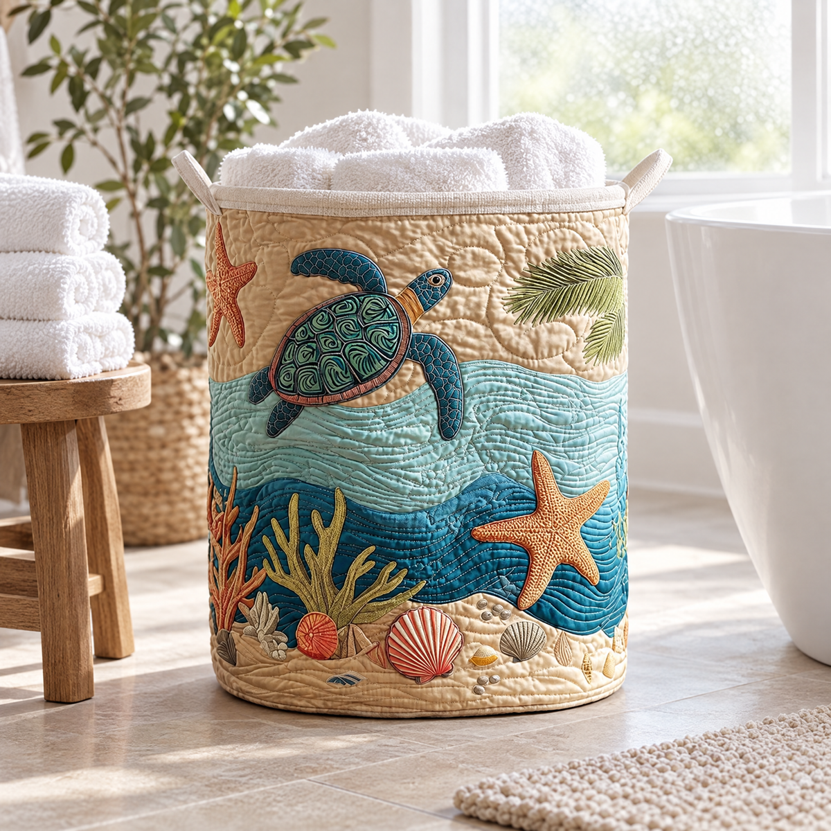 Coastal Harmony quilted laundry basket