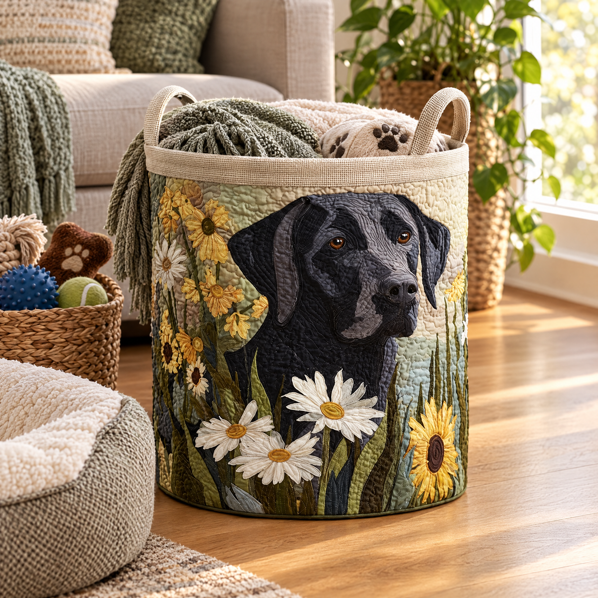Floral Black Lab quilted laundry basket