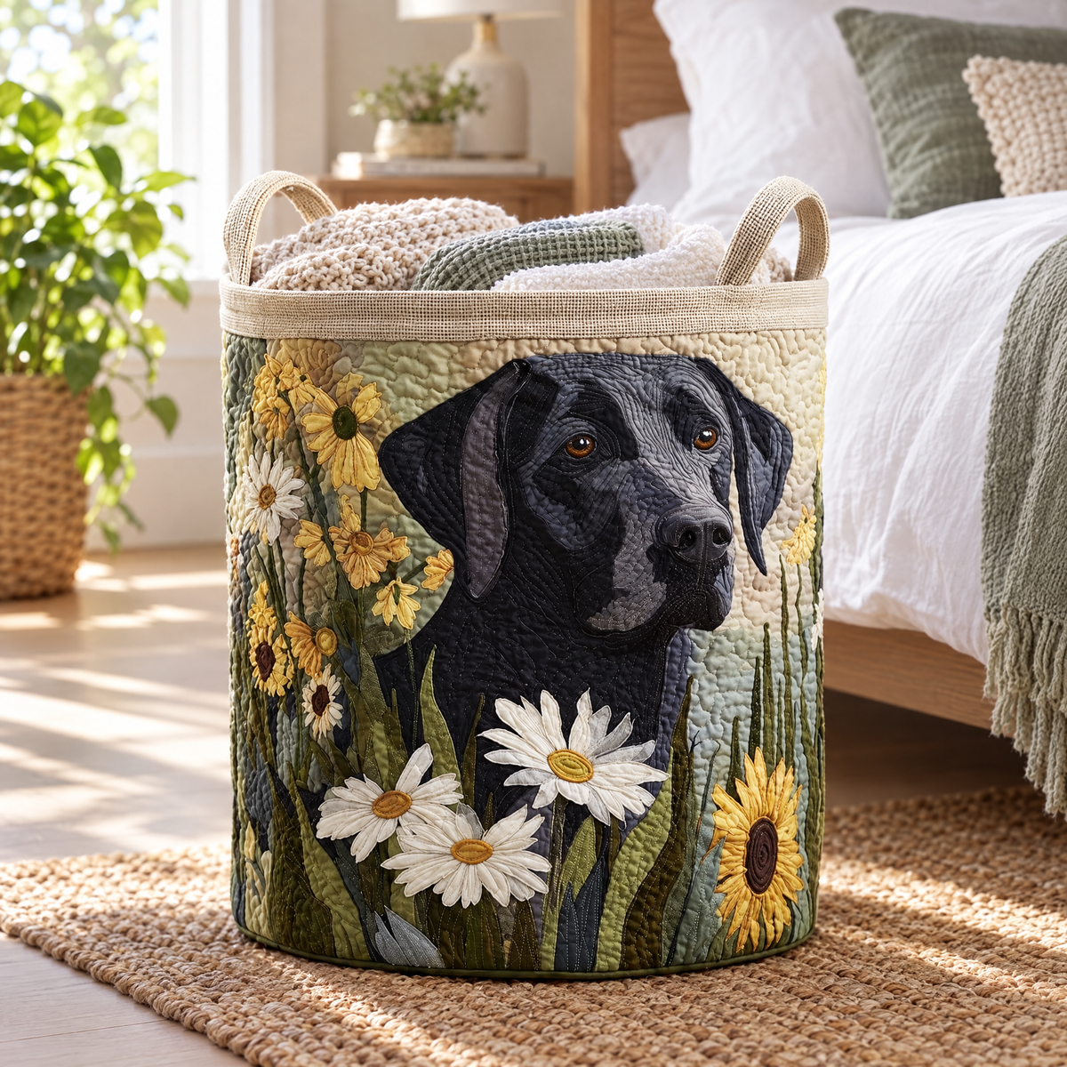 Floral Black Lab quilted laundry basket