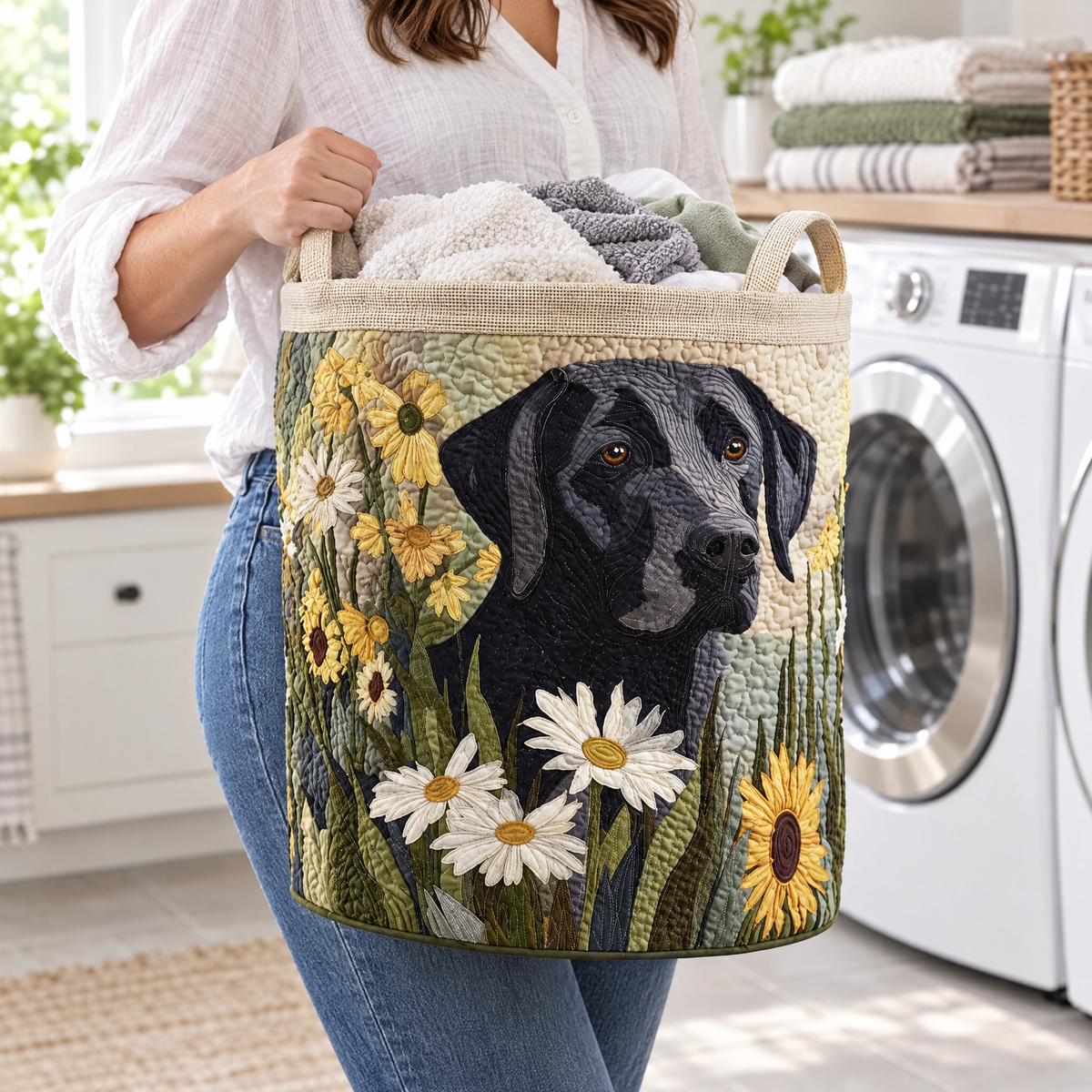 Floral Black Lab quilted laundry basket