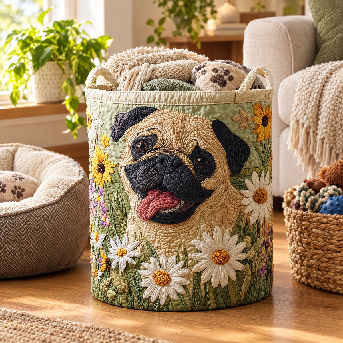 Pug Among the Daisies quilted laundry basket