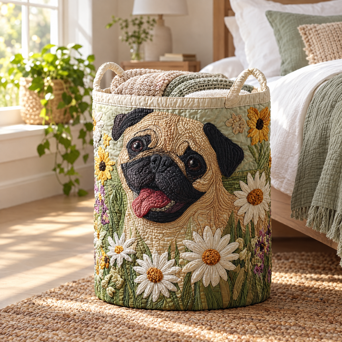 Pug Among the Daisies quilted laundry basket