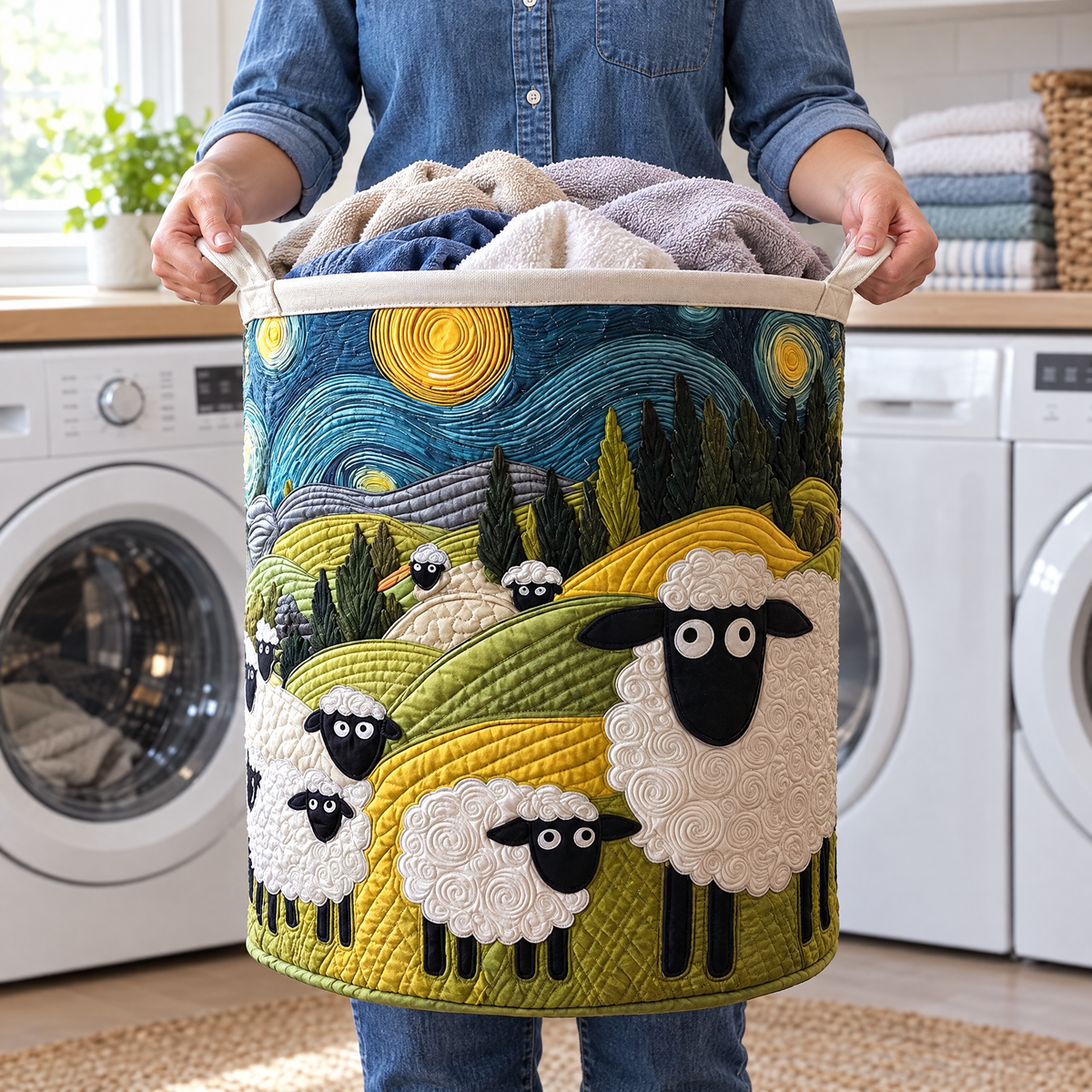 Lamb Meadow quilted laundry basket