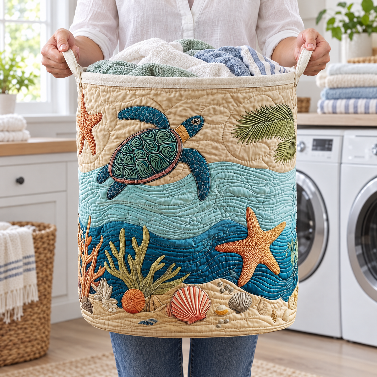 Coastal Harmony quilted laundry basket