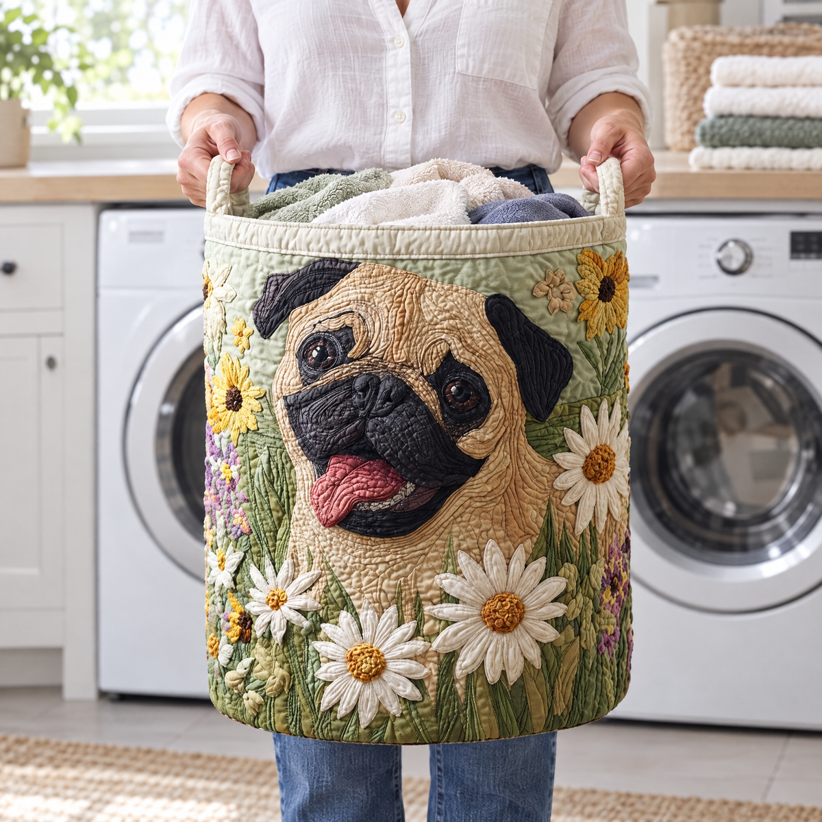 Pug Among the Daisies quilted laundry basket