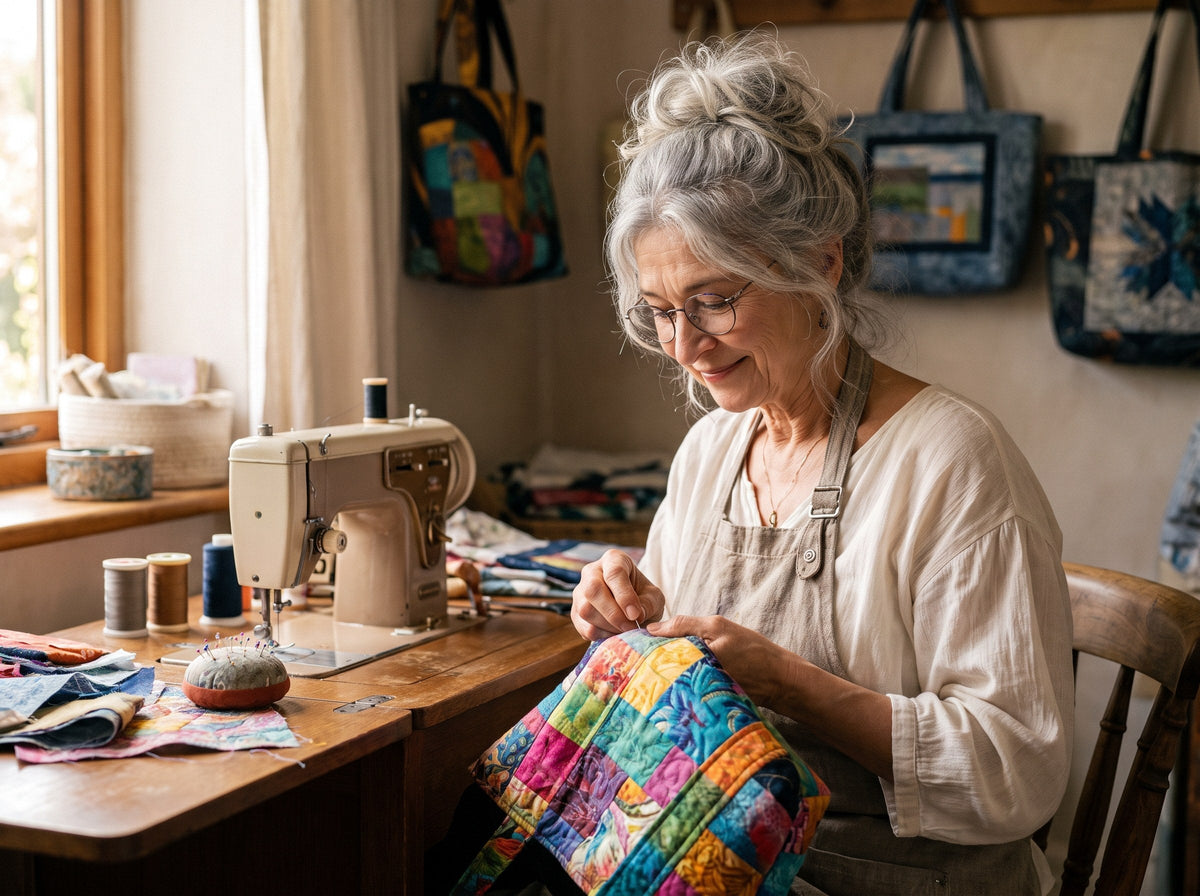 Woman sewing a patchwork quilted piece at a sewing machine