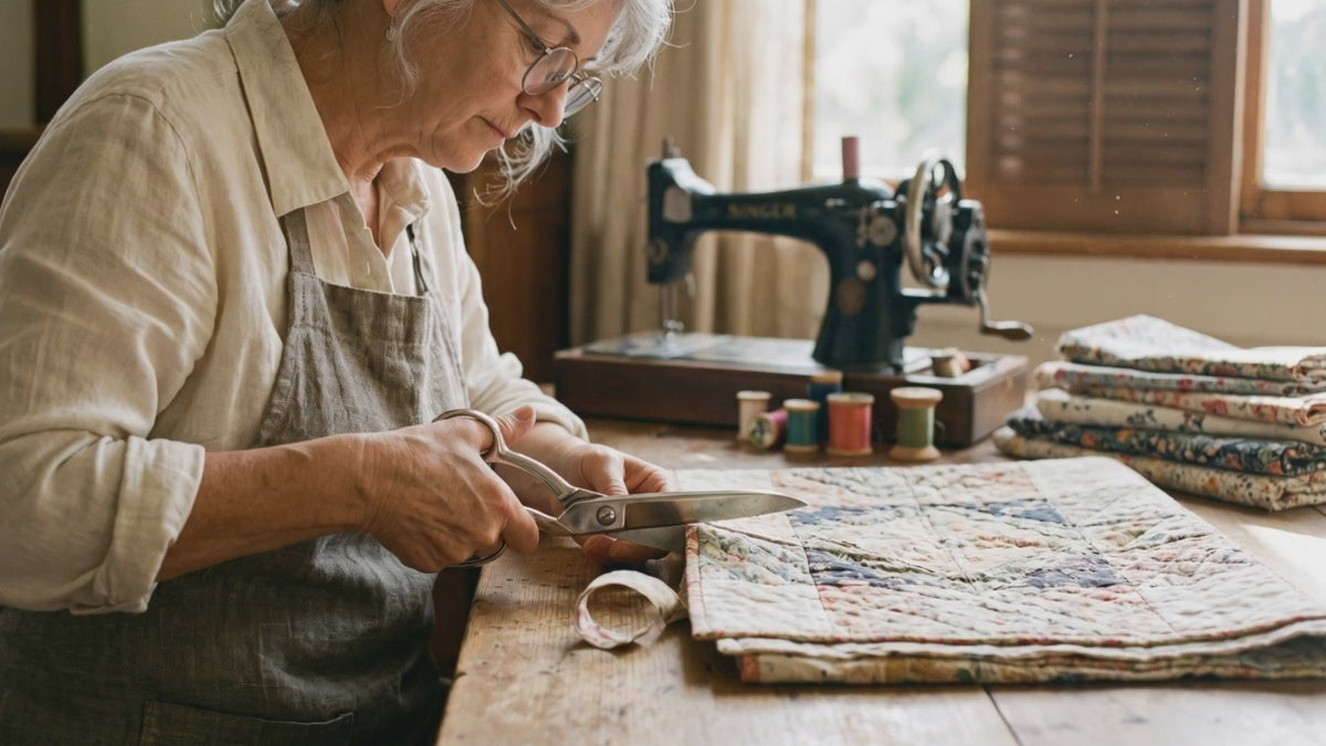 Woman cutting quilted fabric with scissors beside a vintage sewing machine